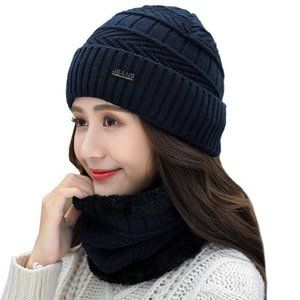 Navy Knitted Winter Hat With Neck Warmer